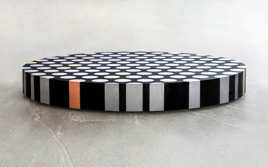 COFFEE TABLE ILLUSION MARQUETRY IN BLACK EBONY BRASS COPPER AND ALUMINIUM