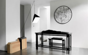 PIECES IN SITU DESK SMOOTHWRITER WOOD FRAME DYED BLACK CALFSKIN BENCH HIDDENSKIN NATURAL OAK MATT FINISH BLACK LEATHER PENDANT POISE PAPER METAL LEAD ABSOLU TUBEROSE DRAWING