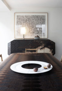 PIECES IN SITU CABINET CLOUDINCHEST MARQUETRY 16 WOOD TYPES DINNING TABLE INMYSKIN MARQUETRY WITH 11 TYPES OF NATURAL WOOD CENTERPIECE ANNEAU WHITE MARBLE FROM CARRARA TABLE LAMP TENELLUS BASE IN ANODISED METAL STEEL MESH PAPER