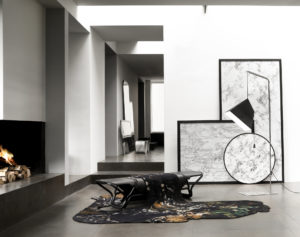 PIECES IN SITU BENCH VUEDUCIEL AUBUSSON TAPESTRY AND METAL FLOOR LAMP POISE PAPER METAL CONCRETE ABSOLU TUBEROSE DRAWINGS